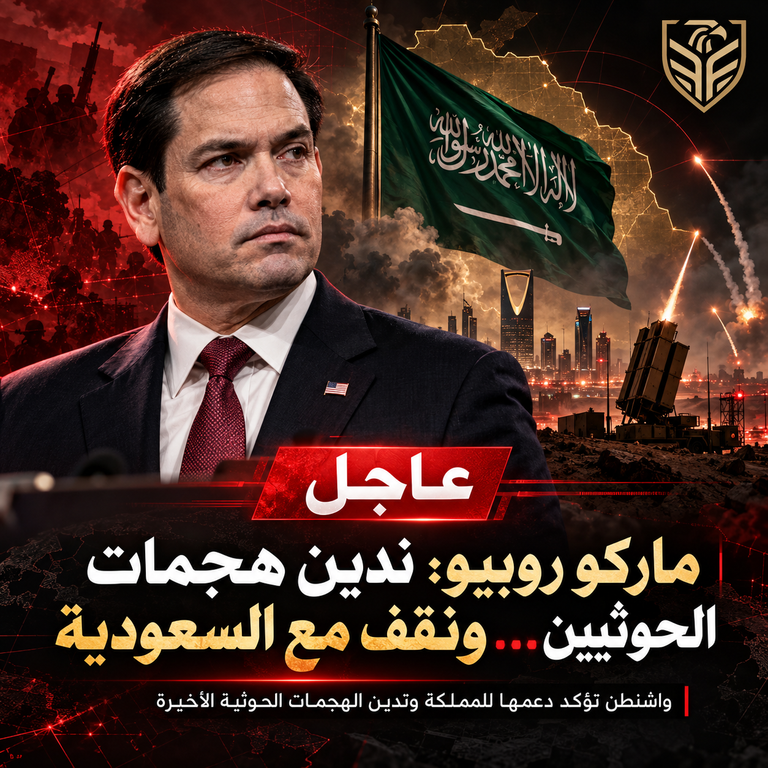 عاجل | ماركو روبيو: الولايات المتحدة تدين بشدة هجمات الحوثيين الأخيرة على السعودية، بما في ذلك الهجوم على مطار الملك خالد الدولي في الرياض، مؤكداً أن واشنطن تقف إلى جانب المملكة وشعبها، وداعياً إلى وقف هذه الهجمات فوراً.